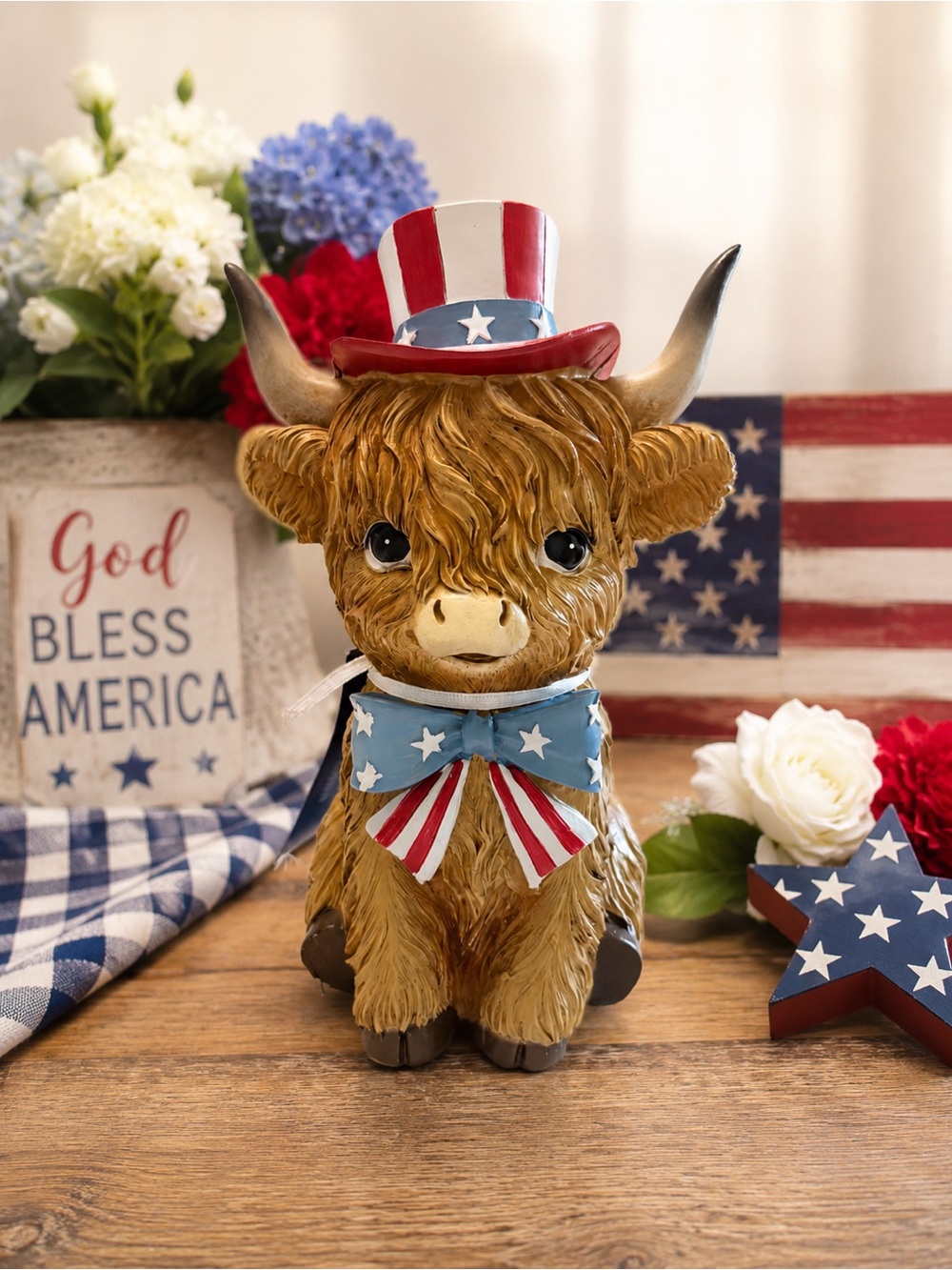 NWT Patriotic Highland Cow 4th of July Decor Top Hat Bow Tie